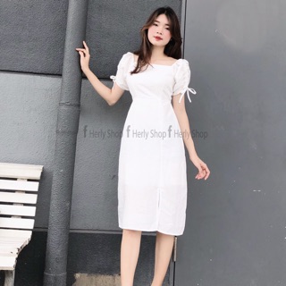 Đầm midi tay rút xẻ tà