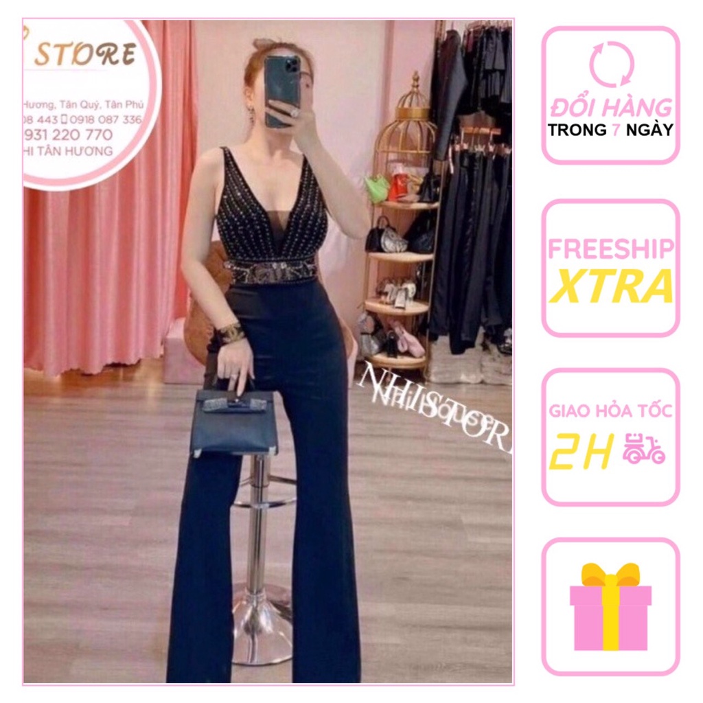 [FREESHIP 50K] Jumsuit/ Đồ Bay Dài NHISTORE  Ống Pass Cổ V Sâu Phối Lưới Đính Đá Sexy Freesize Dưới 55kg