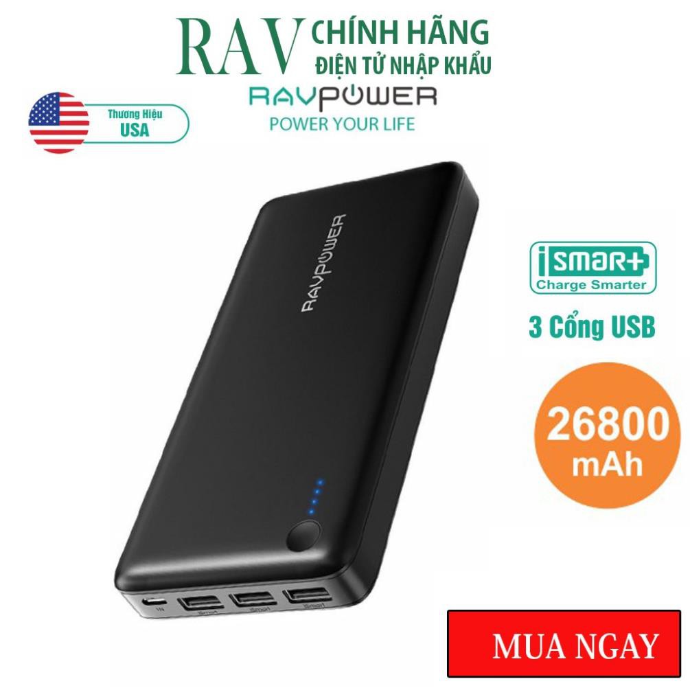 Sạc Dự Phòng RAVPower 26800mAh 27W Công Nghệ Sạc Nhanh iSmart 2.0 RP-PB41:Black- Thương hiệu USA-HÀNG CHÍNH HÃNG