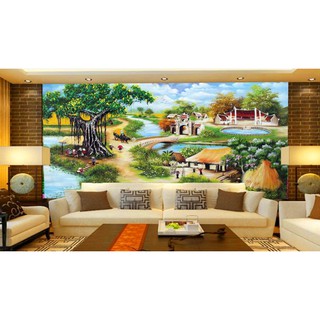 Tranh dán tường 3D phong cảnh Làng quê - vải lụa kim tuyến