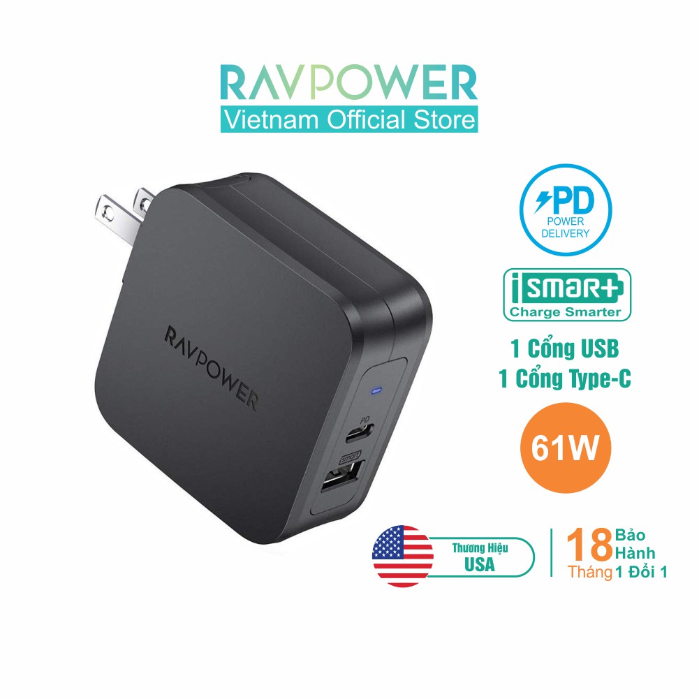 [Mã LT50 giảm 50k đơn 250k] Adapter Củ Sạc RAVPower RP-PC105 61W USB Type C PD 3.0, Chân AC Gập - Hàng Chính Hãng