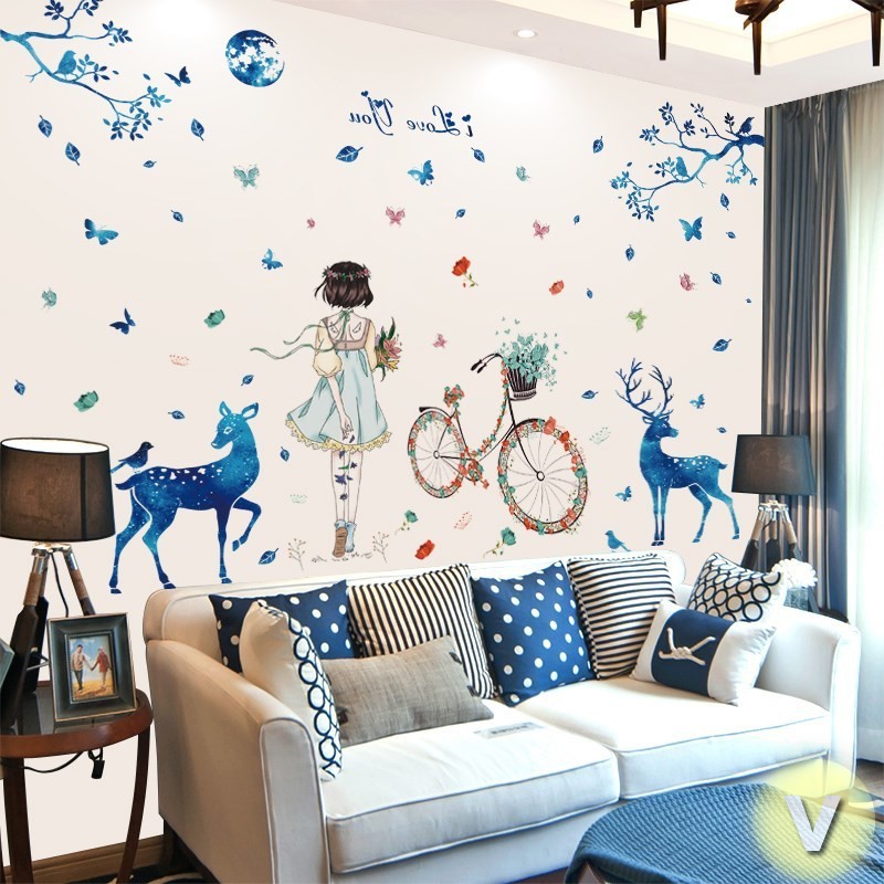 Decal dán tường Hươu nhung và cô gái