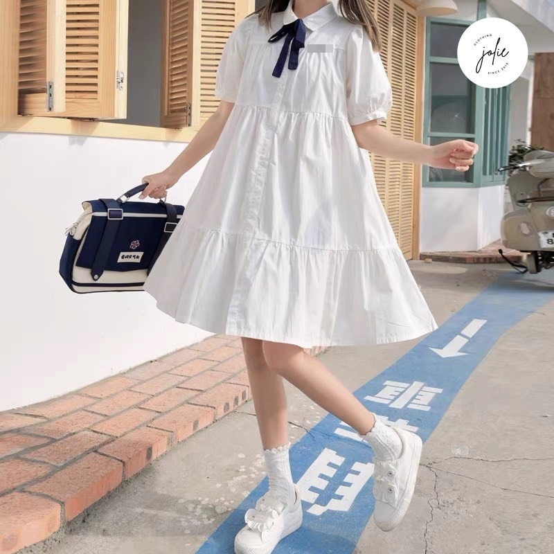 Váy baby doll, Đầm baby doll tay ngắn, dáng xoè kèm nơ form rộng cổ sơ mi ulzzang Hàn Quốc xếp tầng dễ thương