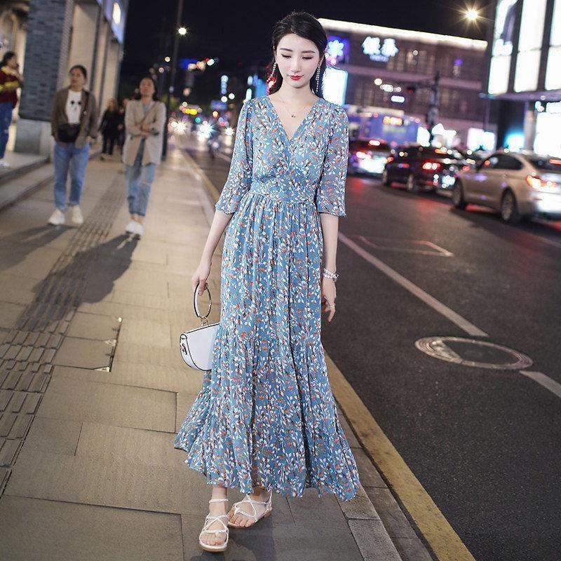 Đầm Dài Họa Tiết Hoa Phong Cách Hàn Quốc Thời Trang Cho Nữ