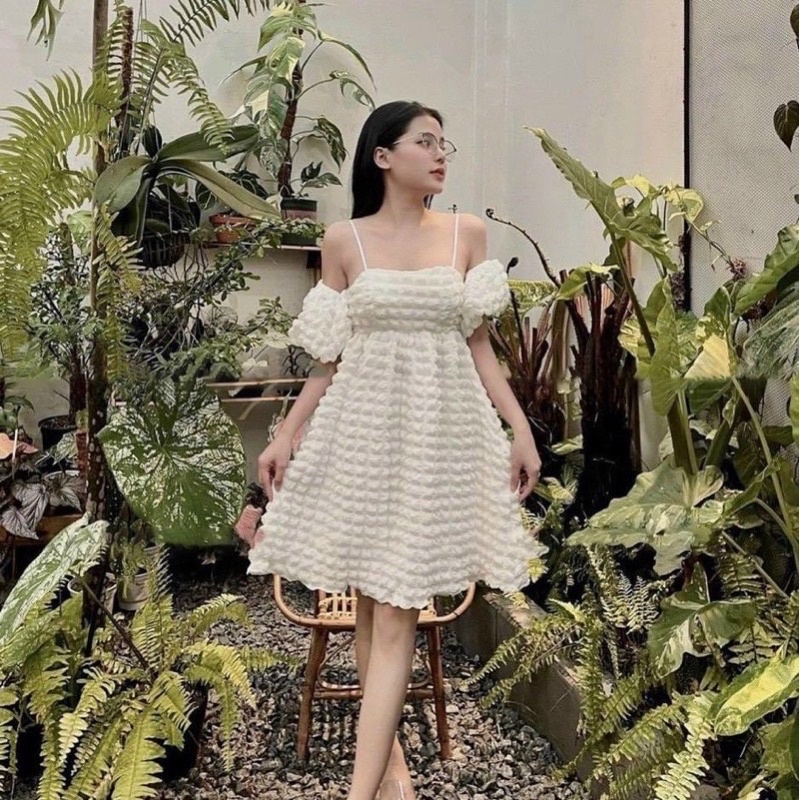 ĐẦM 2 DÂY TRỄ VAI, TAY PHỒNG DÁNG XOÈ 👗HÀNG TK QC SIÊU XINH🥰