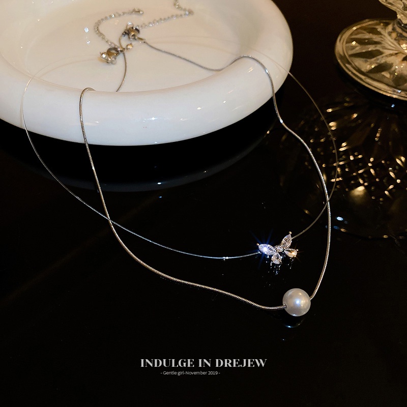 Vòng cổ Hai Lớp Mặt Hình Bướm Đính Đá Zircon Ngọc Trai Sang Trọng Thời Trang Mùa Hè 2022 Dành Cho Bạn Nữ