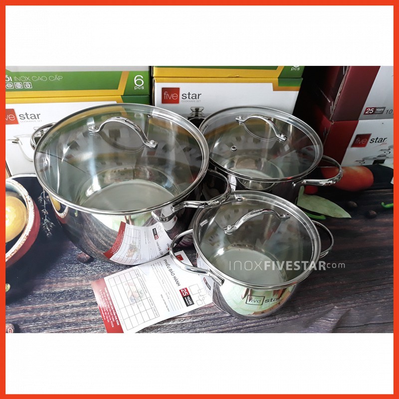 Combo bộ 3 nồi nắp kính 304 với chảo 2 quai 22cm ( tốt cho sức khoe)
