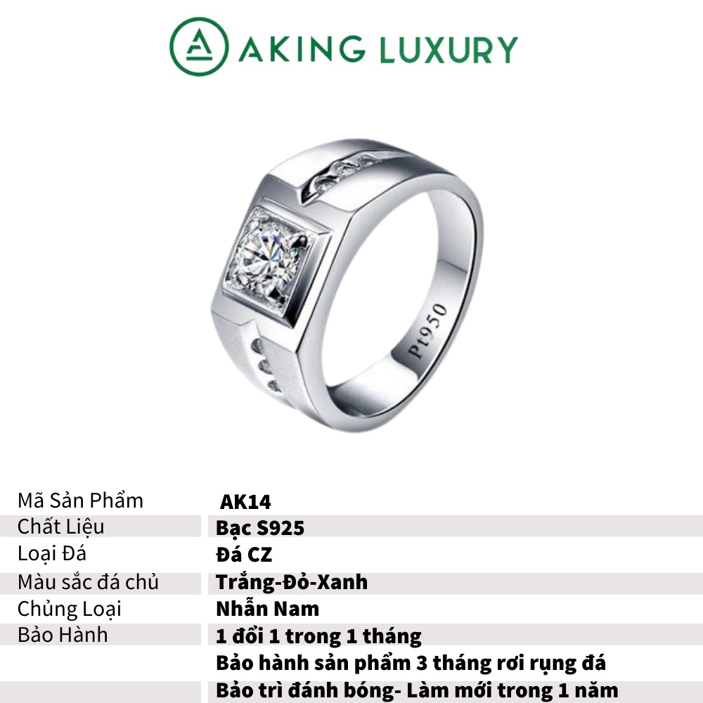 Nhẫn bạc nam AKING LUXURY AK14 cao cấp, nhẫn bạc thiết kế đơn giản làm nổi bật viên đá chủ. Nhẫn nam mới nhất 2021