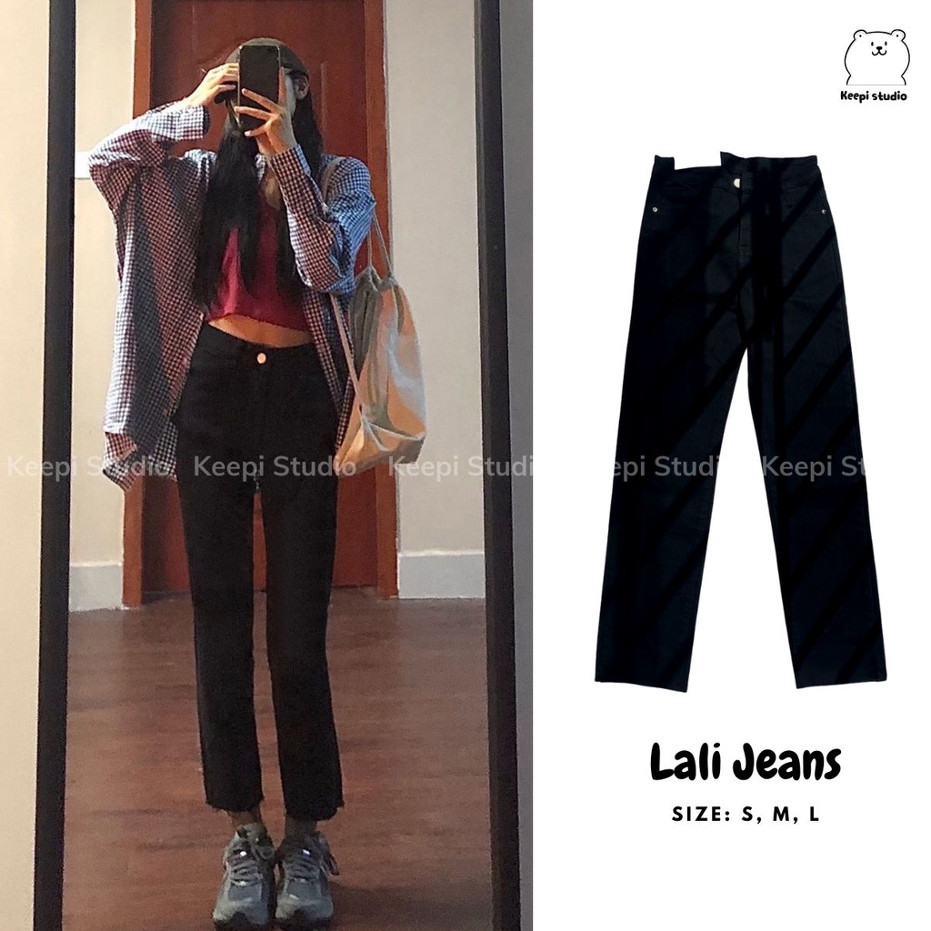 Quần Jeans Nữ Đứng Đen Co Giãn Hàn Quốc KEEPI Quần Kaki Lưng Cao Ống Suông