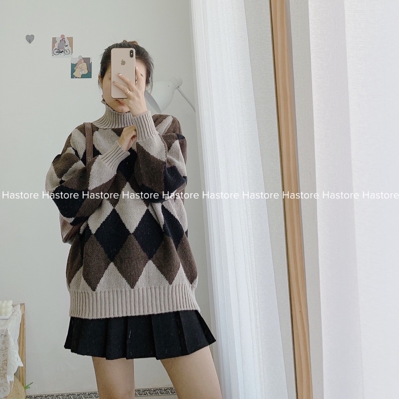 Áo len trám cổ lọ màu siêu tây