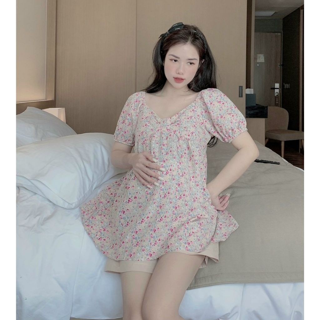 Bộ đồ bầu cộc tay M346 chất lụa hoa freesize từ 45 đến 70kg