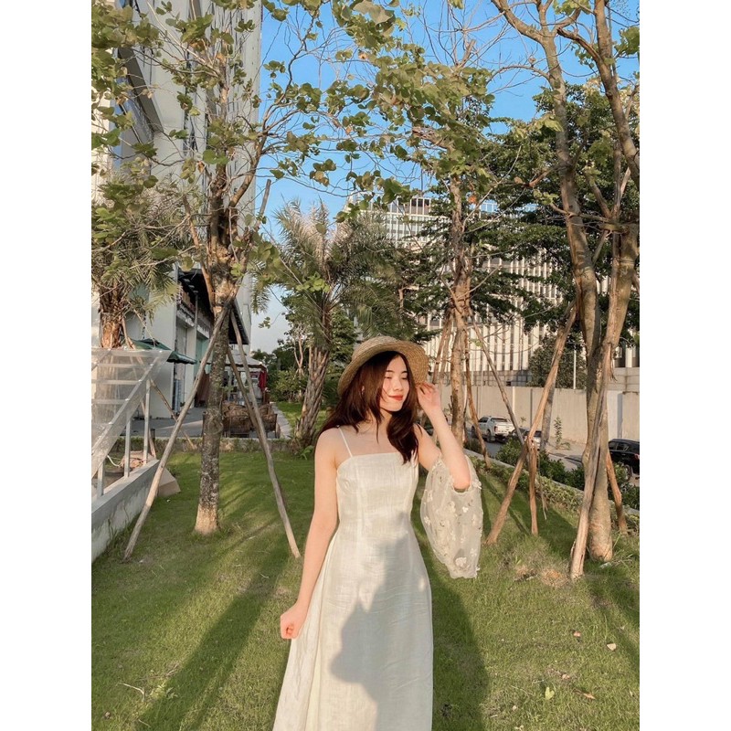Váy hai dây dáng dài, Đầm hai dây chất đũi mịn hai lớp, dáng suông dài qua đầu gối, kiểu đẹp, phong cách Hàn Quốc