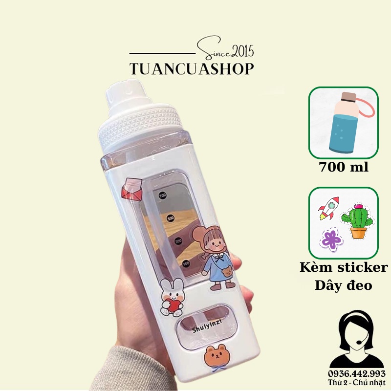 Bình nước vuông 700ml kèm stickers, dây đeo dễ thương, bình nước đáng yêu cho bé