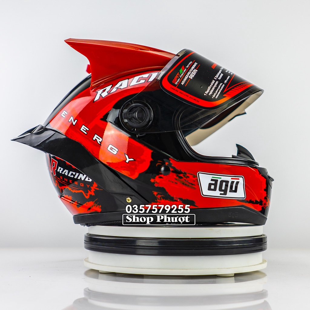 Nón Fullface AGU Tem  RACING ĐỎ mới nhất 2022, Kèm Đuôi gió và Tai rùa, tặng túi đựng nón