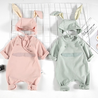 Set áo liền quần + mũ tai thỏ màu trơn đáng yêu dành cho bé