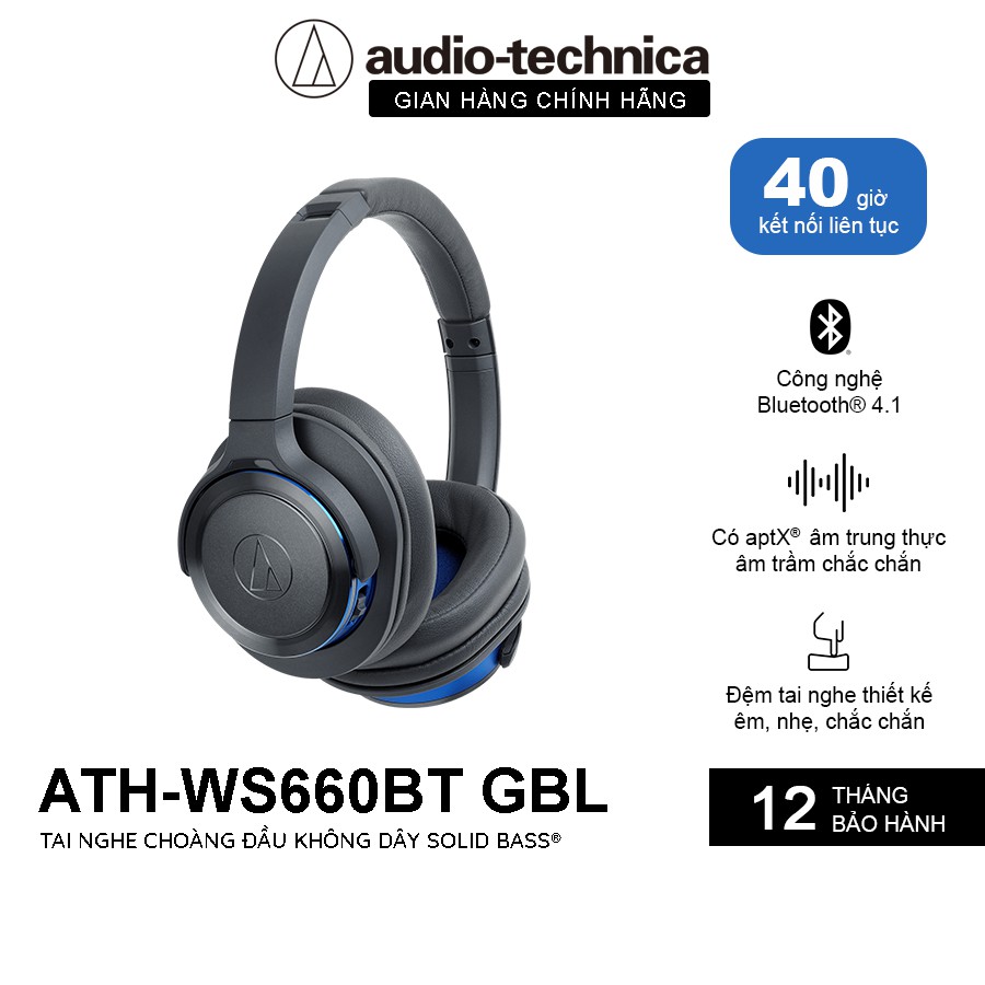 Tai Nghe Choàng Đầu Bluetooth 4.1 Audio-Technica Solid Bass ATH-WS660BT- Hàng Chính Hãng