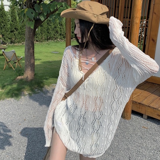 Áo dệt kim ZHELIHANGFEI tay dài dáng rộng chống nắng thời trang đi biển trẻ trung