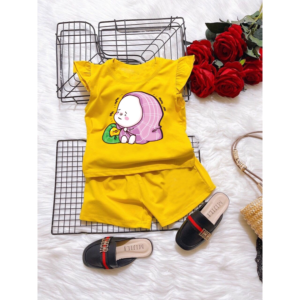 Bộ đồ bé gái tay nhúng bèo hình thỏ choang khăn tím và vịt vàng cho bé gái từ 6kg đên 29kg.DBBG55.