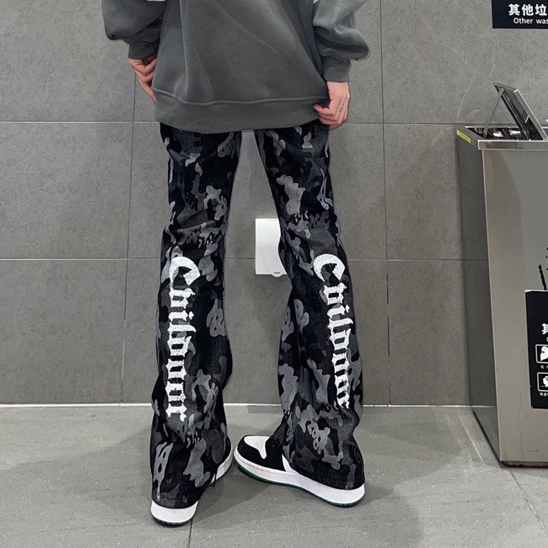 Quần jean thẳng cạp cao ống loe in họa tiết phong cách hiphop retro Mỹ thời trang xuân hè dành cho cả nam và nữ