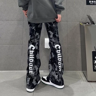 Quần jean thẳng cạp cao ống loe in họa tiết phong cách hiphop retro Mỹ thời trang xuân hè dành cho cả nam và nữ