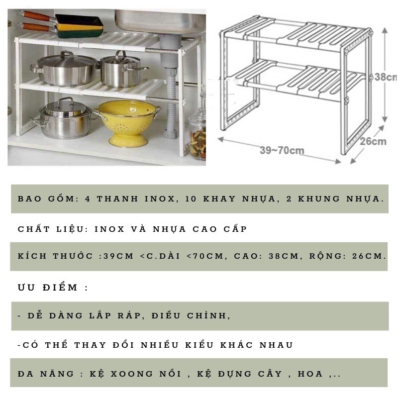 Kệ Để Xoong Nồi Gầm Bếp 2 Tầng ĐA NĂNG Gọn Gàng, Ngăn Nắp KHUNG INOX CHỊU LỰC