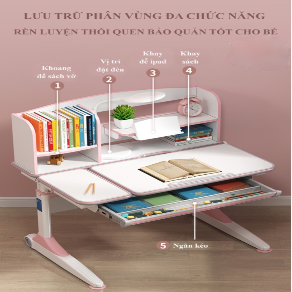 BÀN HỌC THÔNG MINH CHỐNG GÙ, CHỐNG CẬN CHO TRẺ EM DÀI 1M MÀU HỒNG CAYABE MÃ CB-10001