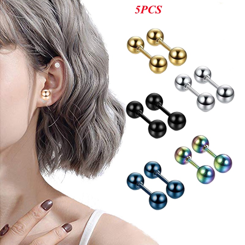 Set 5 Khuyên Tai Thép Không Gỉ Hình Quả Bóng Hai Đầu Thời Trang Unisex