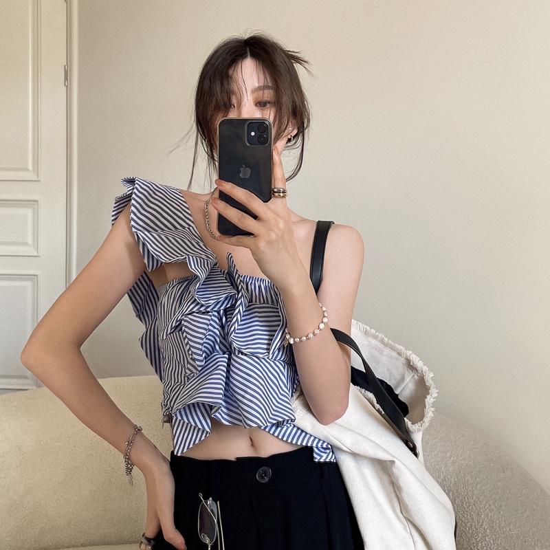 Áo Ngắn Dáng Rộng Lệch Vai Phối Bèo Thời Trang Mùa Hè Cho Nữ