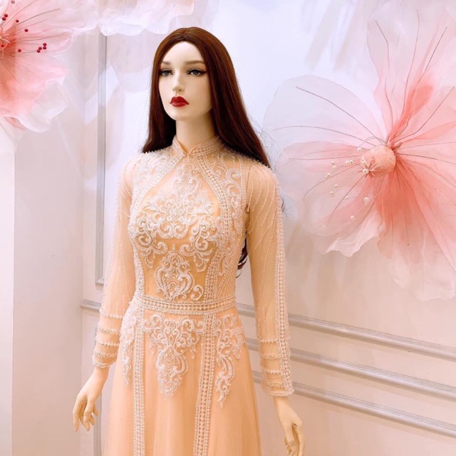Áo dài hỏi cưới thiết kế ren cô dâu màu kem- trắng - đỏ bigsize