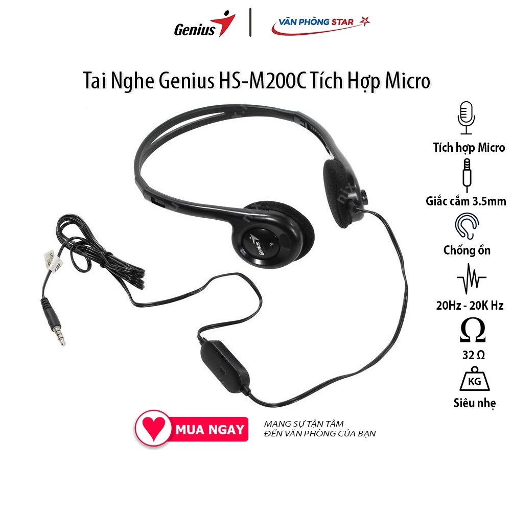 Tai Nghe Genius HS-M200C tích hợp micro chống ồn, âm thanh tốt đầu cắm 3.5mm dùng cho laptop, PC, điện thoại