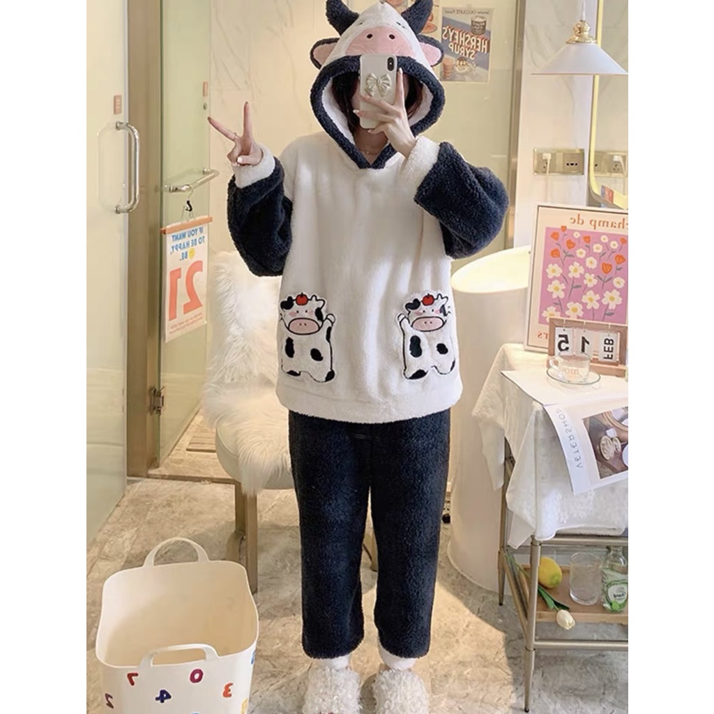 Bộ đồ lông bò sữa phối màu siêu cute mix quần ống suông BN124