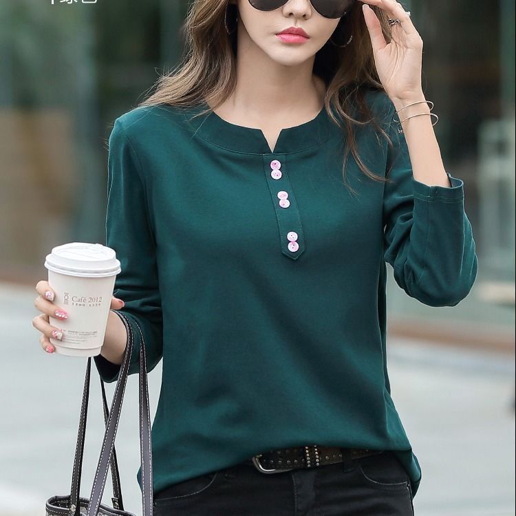 Áo thun tay dài cổ chữ V dáng rộng thời trang cho phụ nữ trung niên