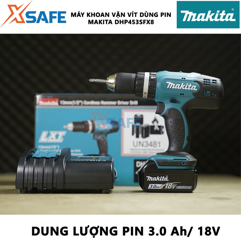 Máy khoan pin MAKITA DHP453SFX8 18V Máy khoan búa pin kèm 1 pin 3.0Ah, 1 sạc DC18, đảo chiều khoan tiện lợi -