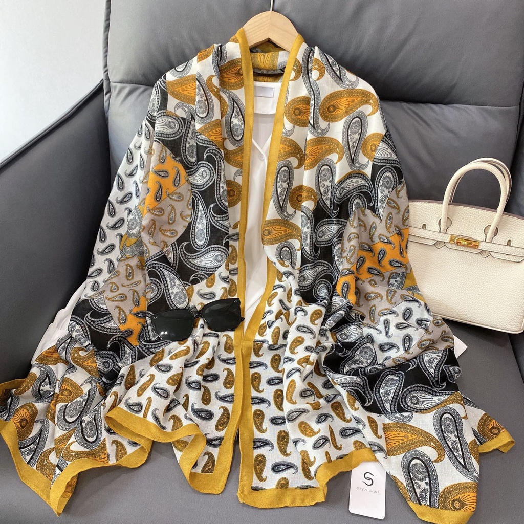 Khăn Choàng Lụa Cotton Lanh Dài Chống Nắng In Họa Tiết Hoa Thời Trang Âu Mỹ 24H