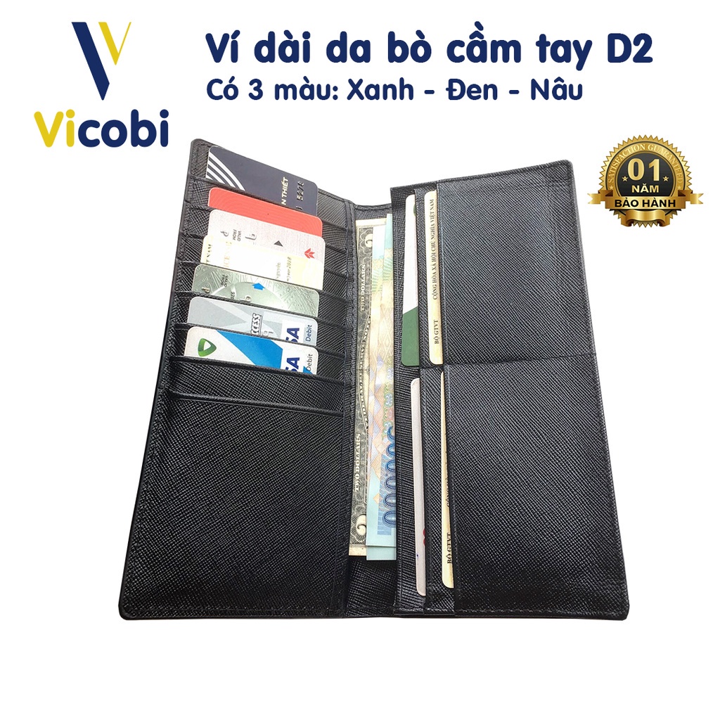 Ví dài da bò Vicobi D2, bóp dài cầm tay Cao Cấp đựng thẻ ATM, bằng lái xe cũ, giấy tờ xe cũ...,Made in VietNam new :