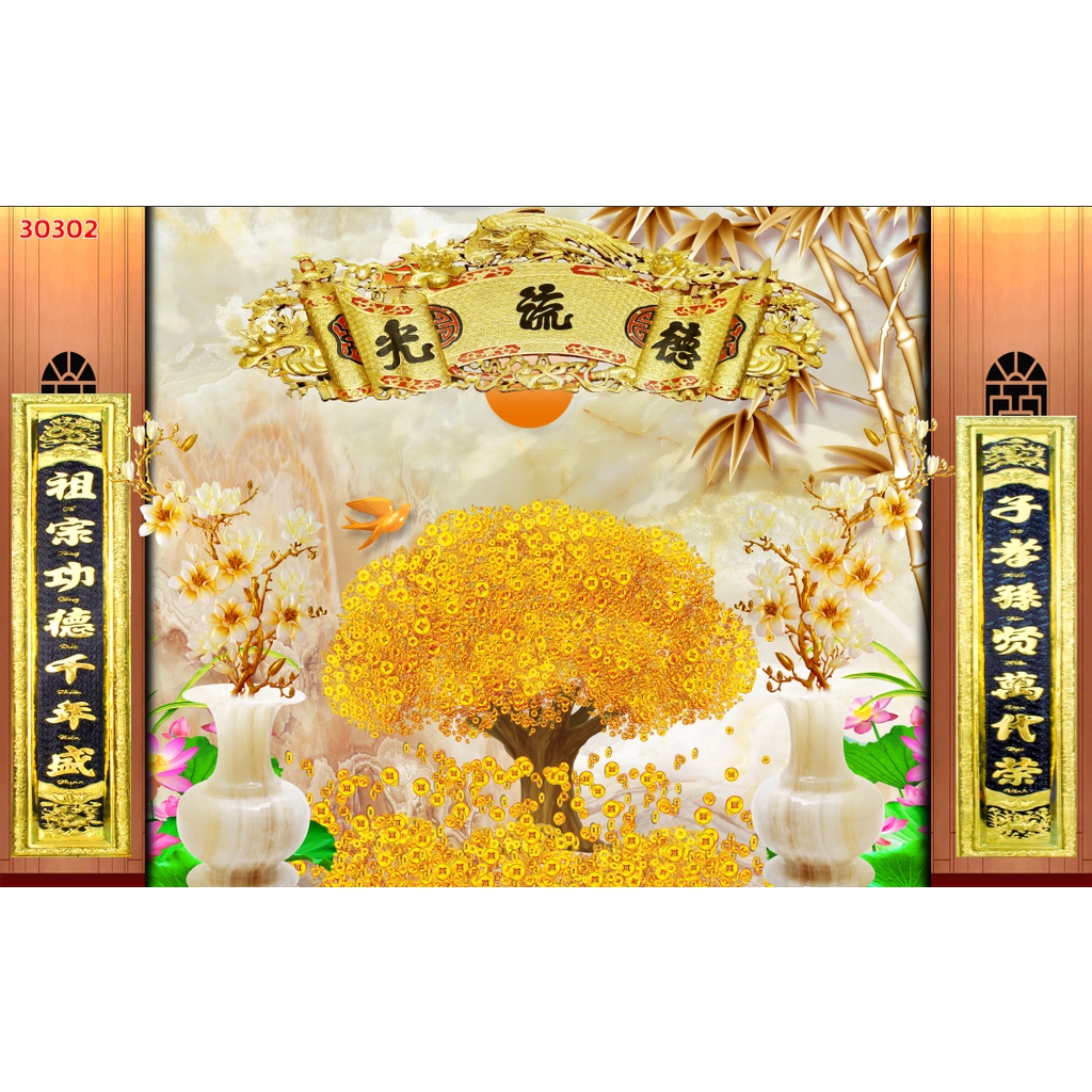 Tranh dán tường 3D Phòng Thờ Trang Nghiêm: TỔ TIÊN CÔNG ĐỨC MUÔN ĐỜI THỊNH