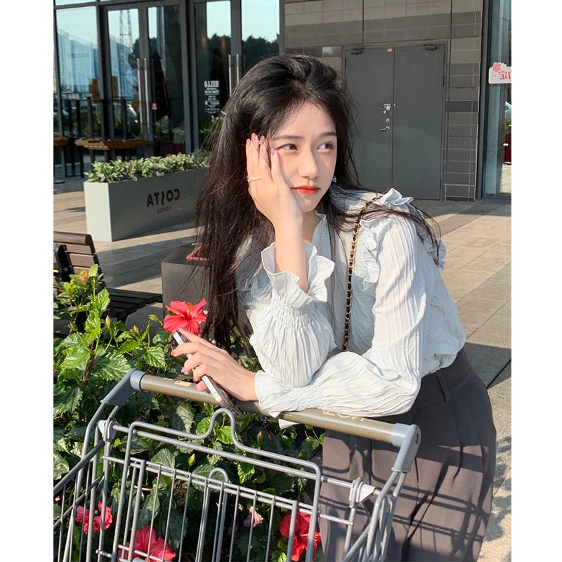 Áo Sơ Mi Kiểu Pháp Cổ Điển Phối Bèo Thiết Kế Đơn Giản Thời Trang Công Sở Cho Nữ