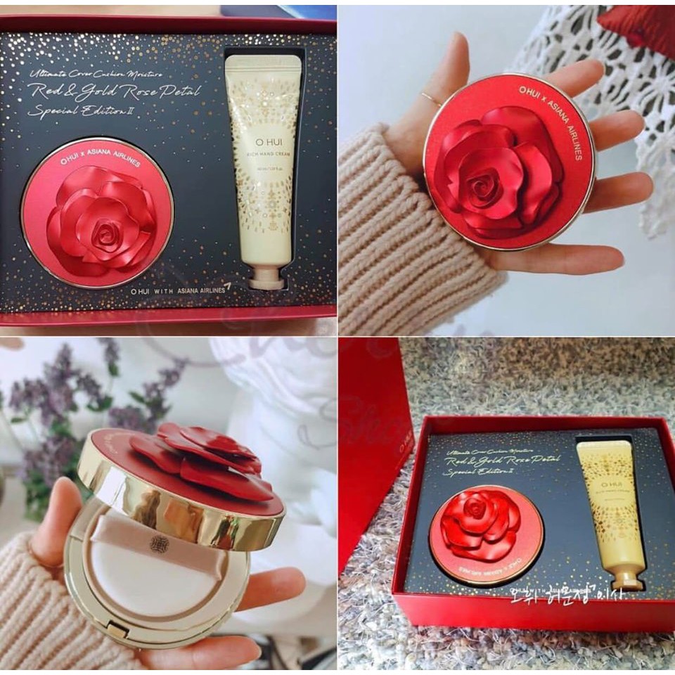 SET CUSHION VÀ KEM TAY OHUI ULTIMATE COVER CUSHION MOISTURE RED & GOLD ROSE PETAL