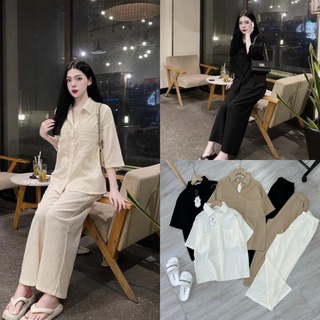 Set Đồ Nữ Ms.1008 Áo Sơ Mi Dáng Dài Thụng, Thiết Kế Hai Túi Ngực Phối Quần Ống Rộng Cạp Chun, Chất Đũi Xốp,Kèm Hình Thật