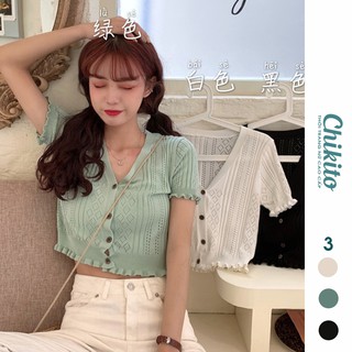 CHIKITO | Áo Thun Len Cardigan Tay Ngắn Thoáng Mát- Áo Croptop Quảng Châu Kiểu Dáng Ulzzang