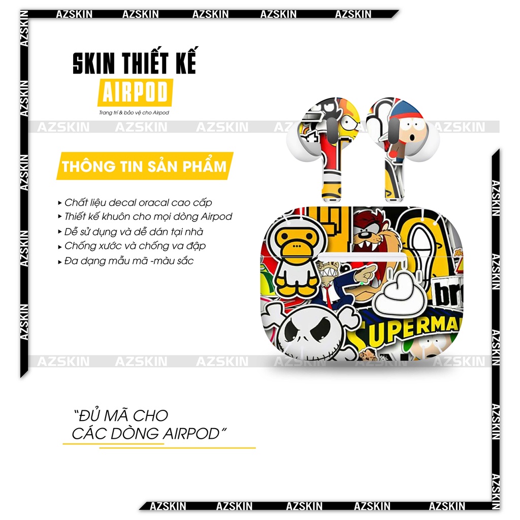 Dán Skin Airpods 1/2/3/Pro In Hình Patten Vui Nhộn |SK_APPT143| Chất Liệu Nhập Khẩu, Chống Nước, Bền Màu, Khuôn Cắt Sẵn