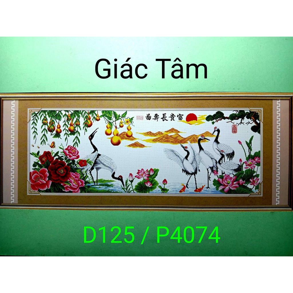 Tranh thêu LỤC HẠC SONG NGƯ HOA SEN MẪU ĐƠN TÙNG NÚI CHỮ - 154x62cm -  D125 P4074 - tranh thêu chữ thập chưa thêu