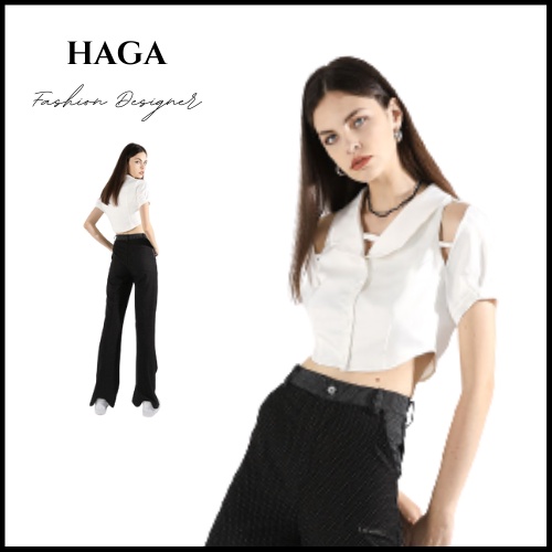 Áo sơ mi croptop nữ cộc tay HAGA crt dáng ngắn cổ sen hở vai SMHV42