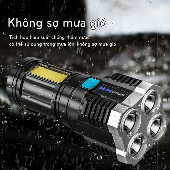 Đèn Pin Siêu Sáng Cầm Tay Chiếu Xa 4 Chế Độ Sáng Tiện Dụng, Có COB Đèn LED, Đèn Pin Mini 4 Bóng
