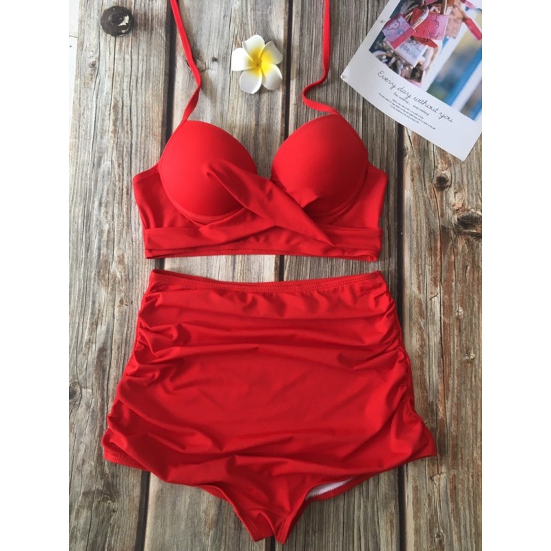 Bikini đỏ mút dày nâng ngực quần nhúng che bụng