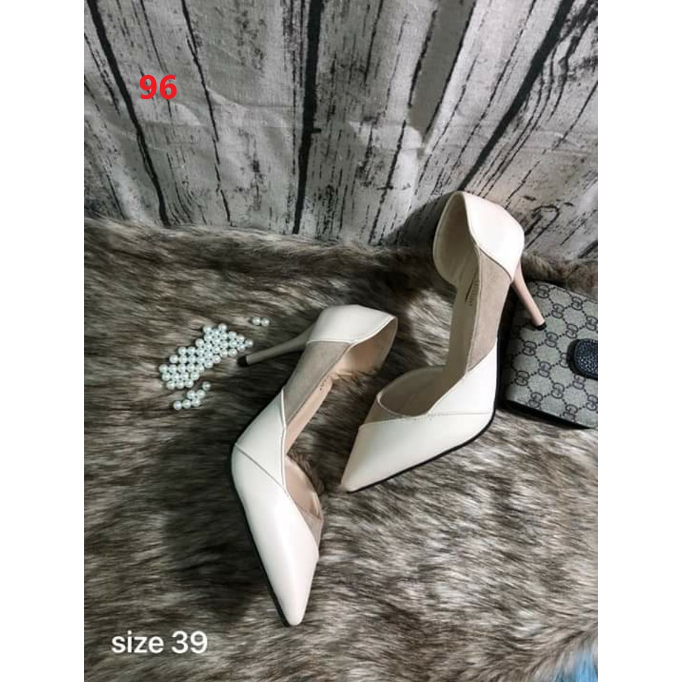 Giày cao gót khoét eo phối da lộn cao 10 cm màu nude
