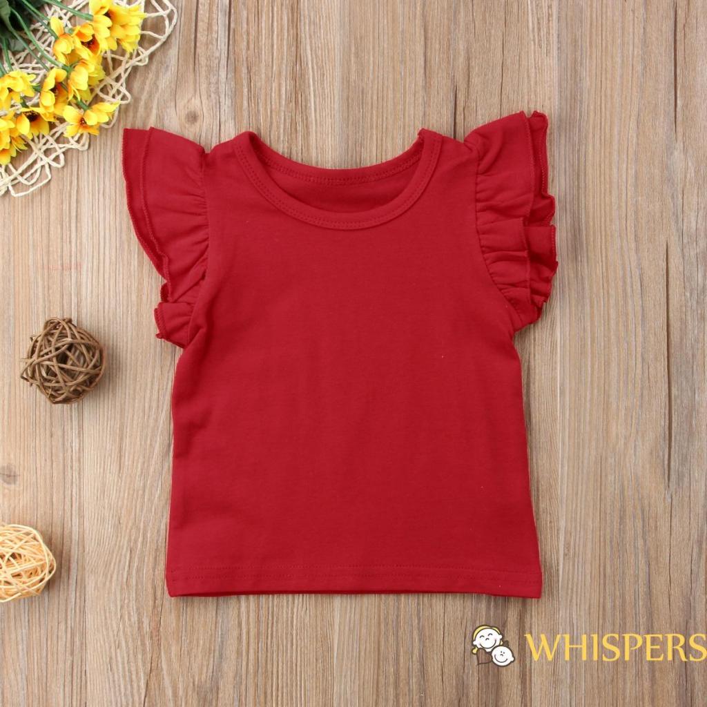 Áo thun cotton cổ tròn tay cánh tiên màu trơn thời trang mùa hè cho bé gái