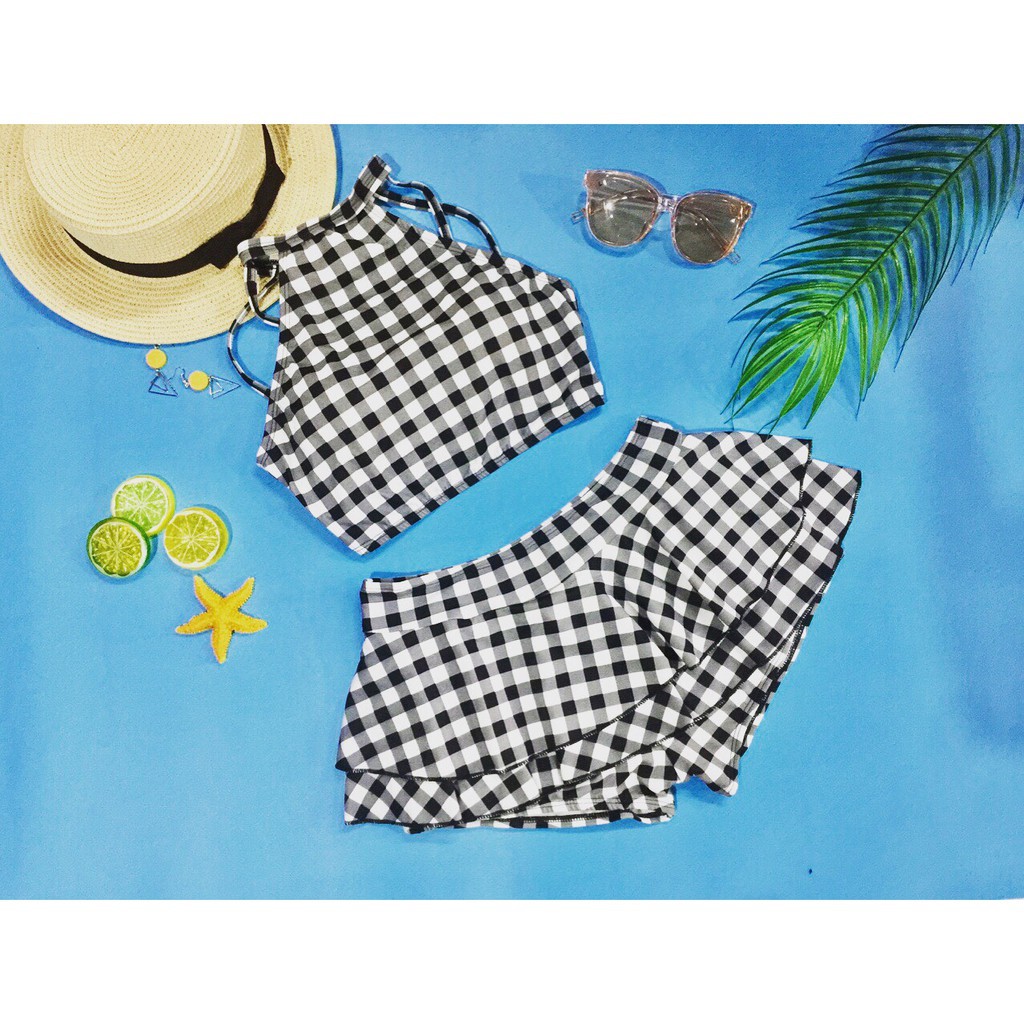 [GIẢM GIÁ] Bikini hai mảnh caro váy hai tầng đẹp mặc đi biển đi bơi | BigBuy360 - bigbuy360.vn