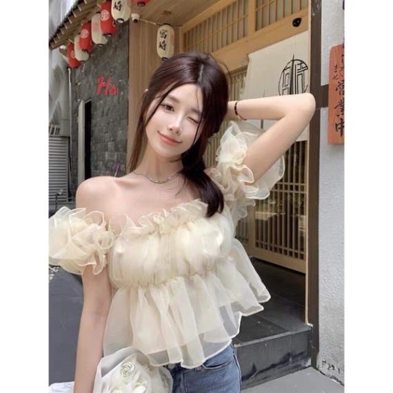 Áo Trễ Vai Tay Bồng Chất Đẹp Mịn Ulzzang - Kiểu Sang Chảnh Voan Dày Áo bánh bèo tiểu thư