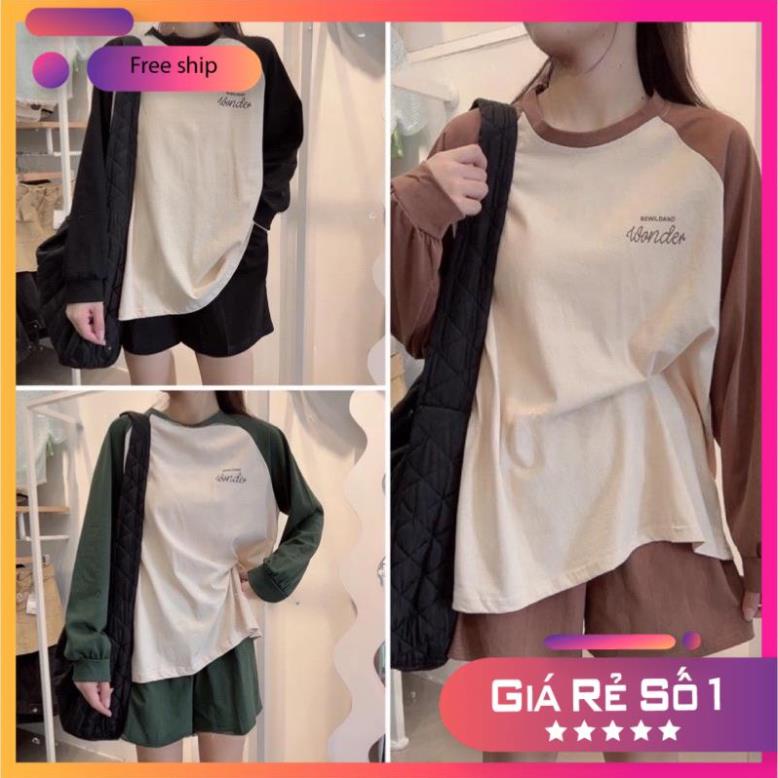 [Xa Kho] [Xa kho] Bộ Áo Thun Pha Tay Thu Đông Kèm Quần Đùi Unisex 🦋 Set Quần Áo Dài Tay Dáng Thể Thao 3 Màu Ullzzang🦋